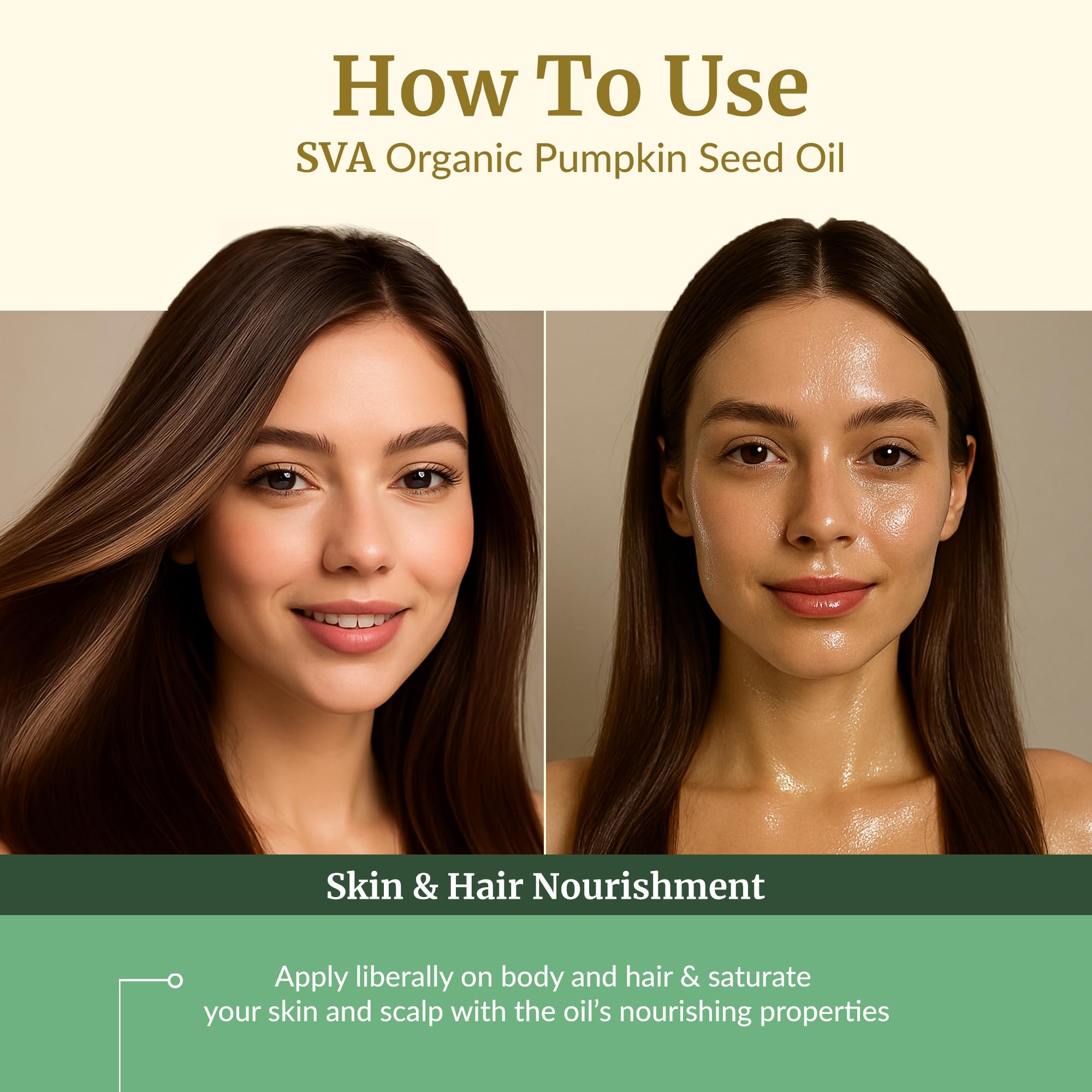 Masaje del cuero cabelludo con Aceite de Calabaza SVA ORGANICS para nutrir el cabello.