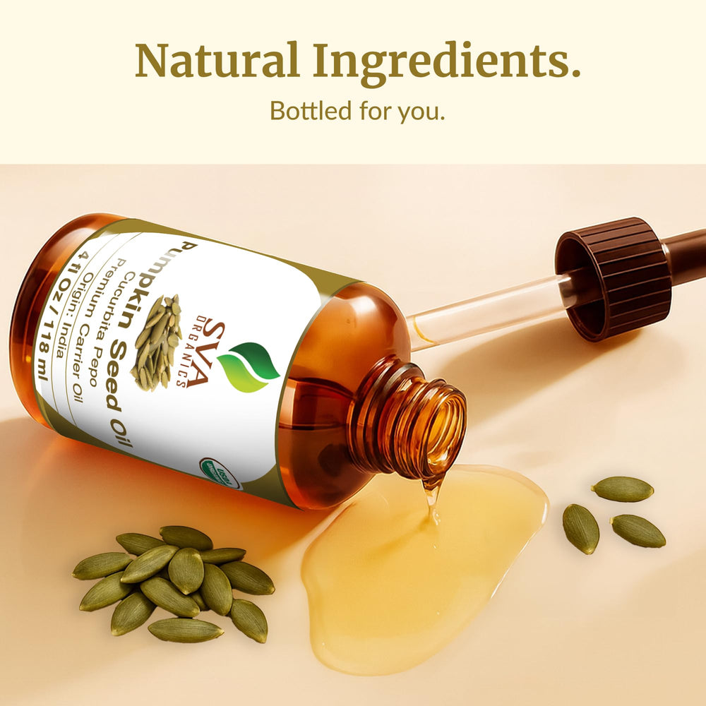 Rutina de cuidado con Aceite de Semilla de Calabaza SVA ORGANICS y cremas.