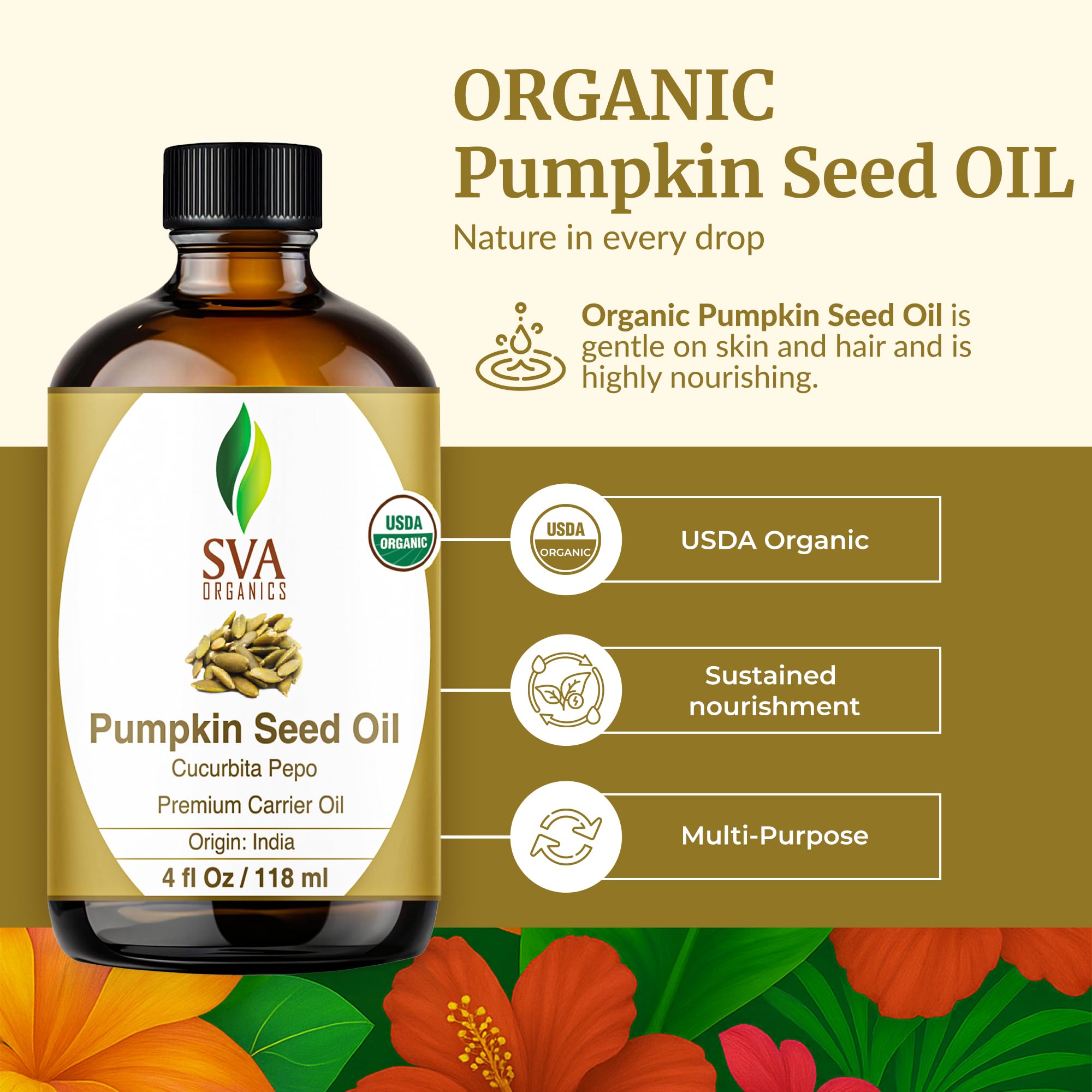 Aceite prensado en frío de calabaza de SVA ORGANICS, textura ligera para la piel.
