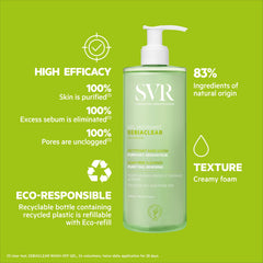 Aplicación en rostro con SVR Sebiaclear para purificar sin resecar.