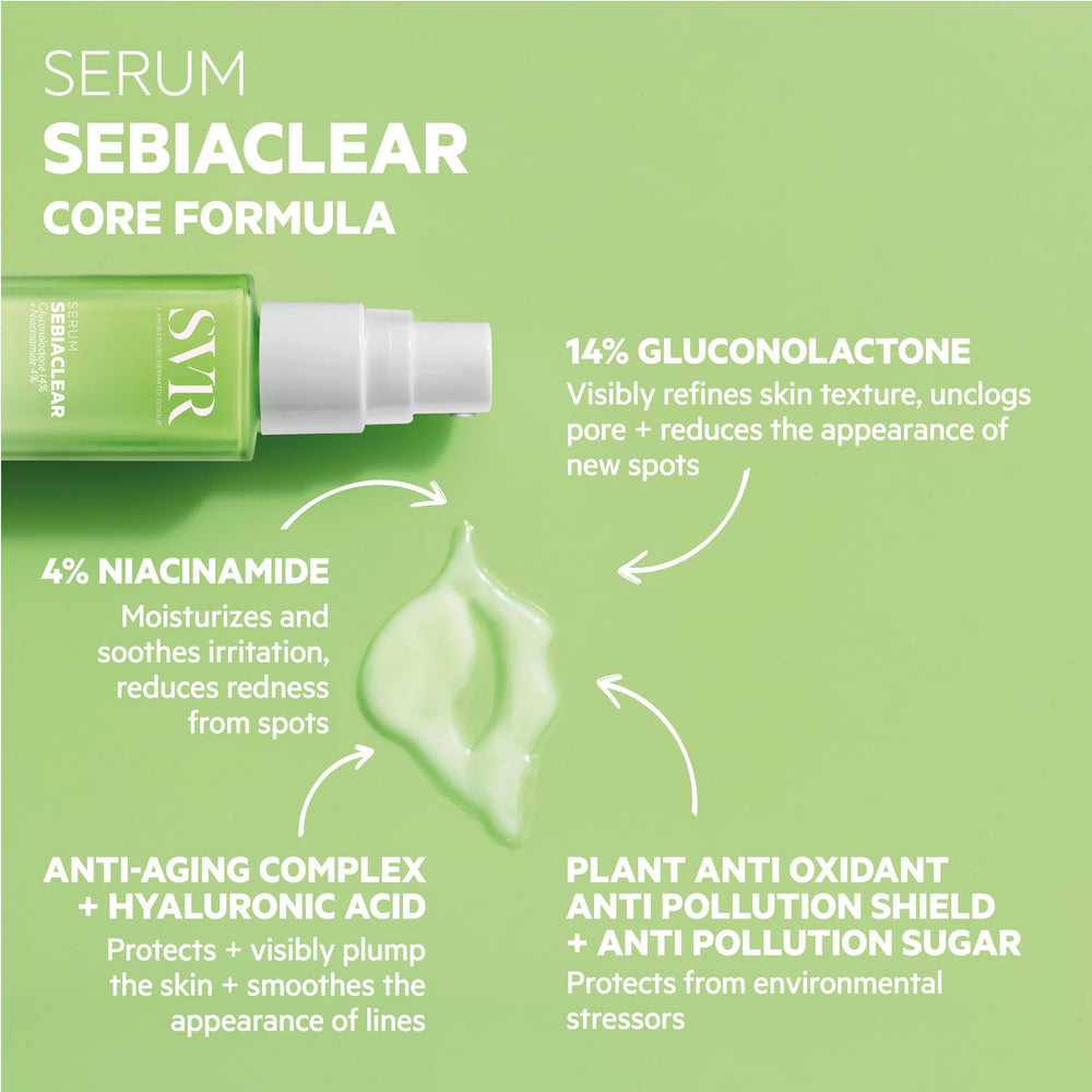 Application du matin SVR Sebiaclear, routine anti-brillance et peau lisse.
