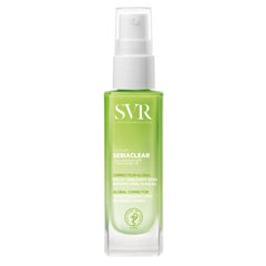 Sérum SVR Sebiaclear, bouteille-visage, imperfections visiblement réduites et teint plus net.