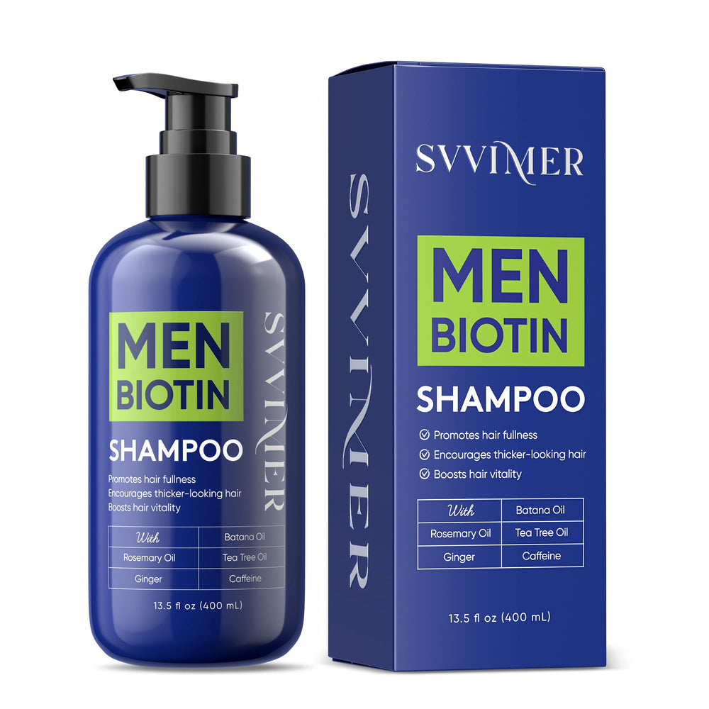 Svvimer champú para hombres, botella en estante, limpieza suave y revitalizante.
