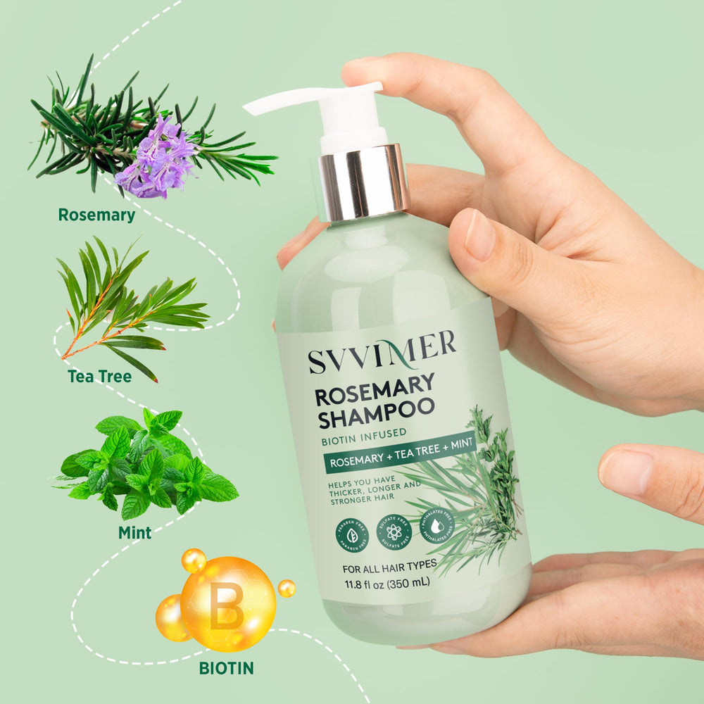 Champú Svvimer con biotina: enfoque en ingredientes fortalecedores del cabello.