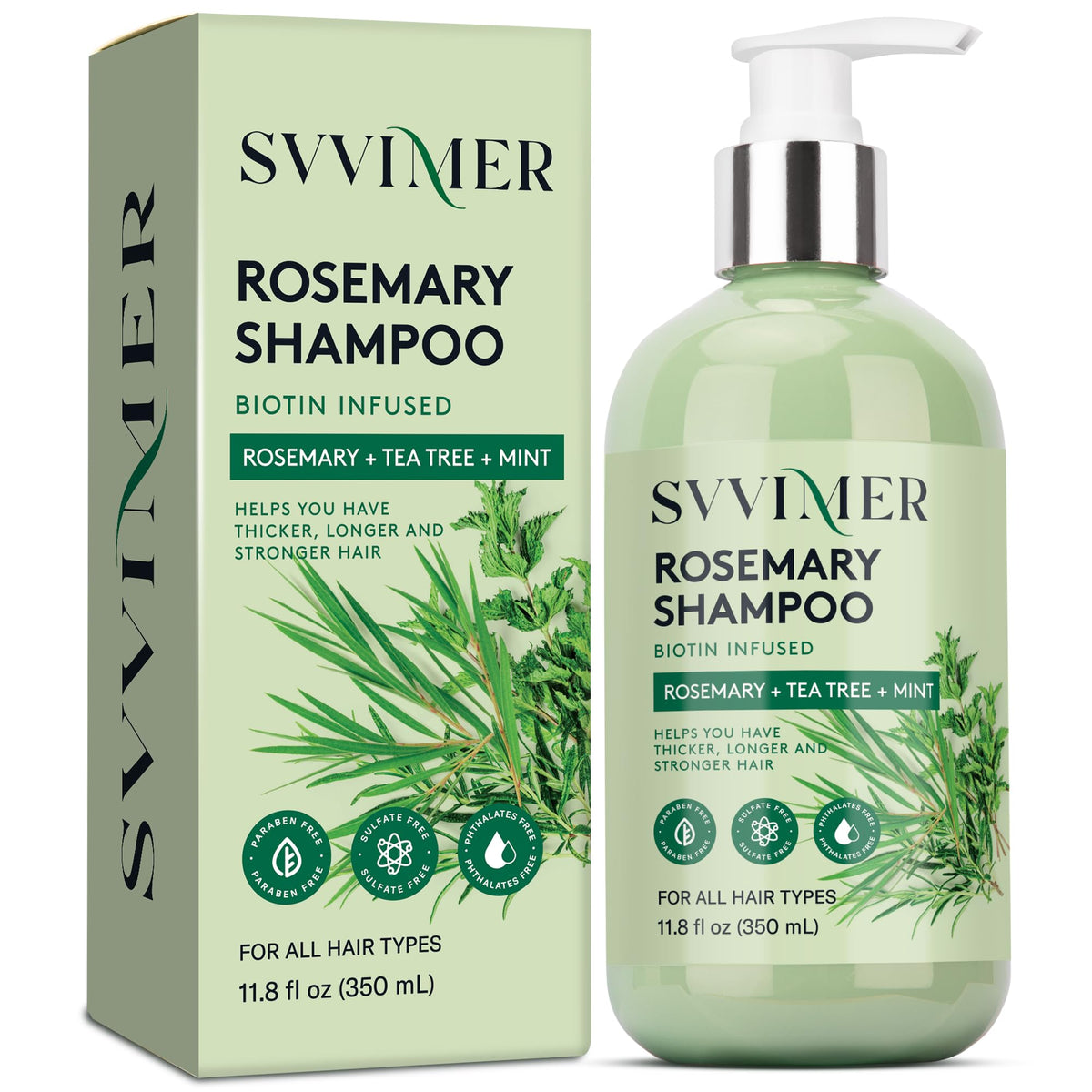 Champú Svvimer de romero en botella para cabello más grueso y saludable.