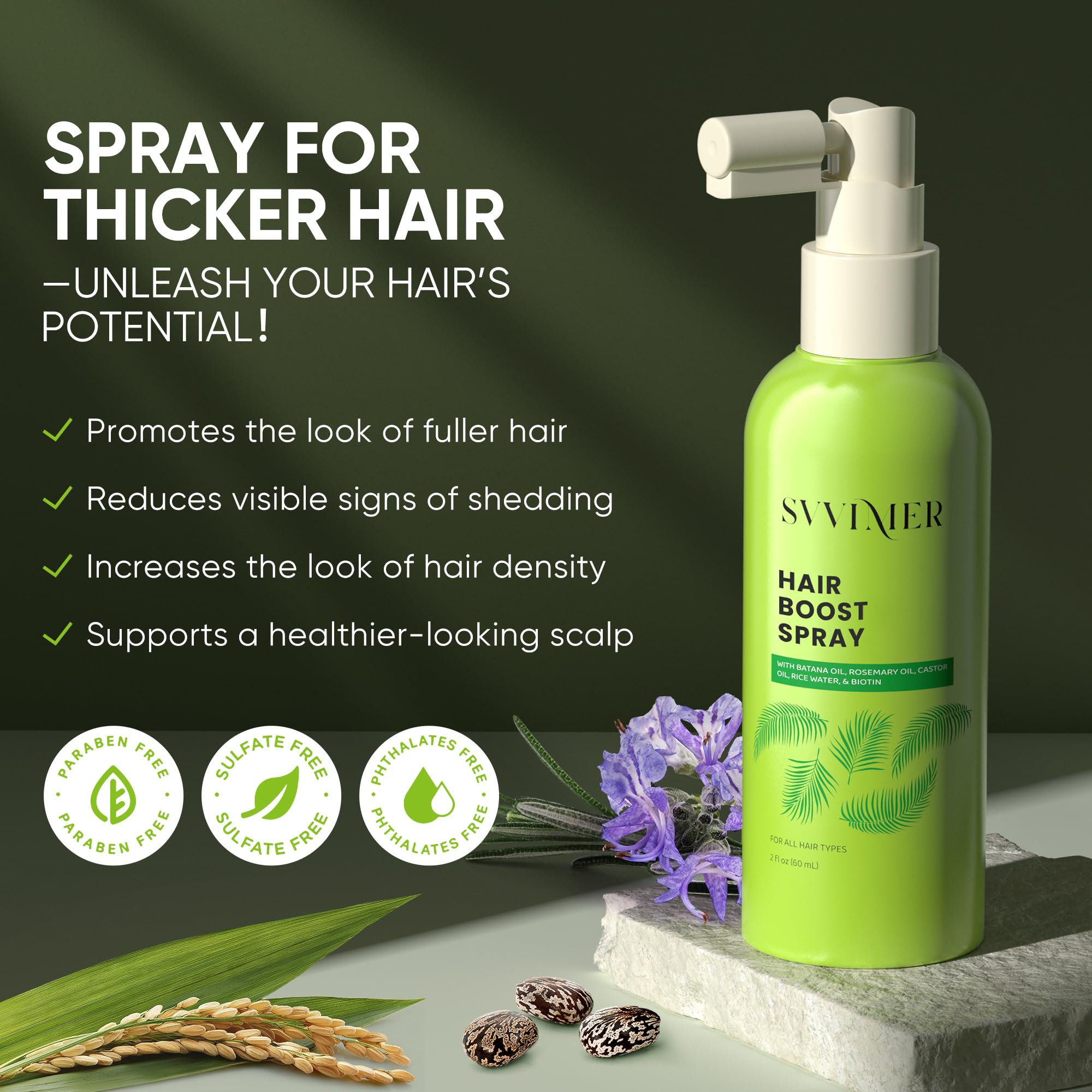 Svvimer spray nozzle close-up showing quick-absorb mist for scalp care