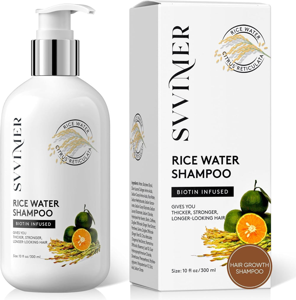 Svvimer Rice Water Shampoo bottle on shelf for daily care.