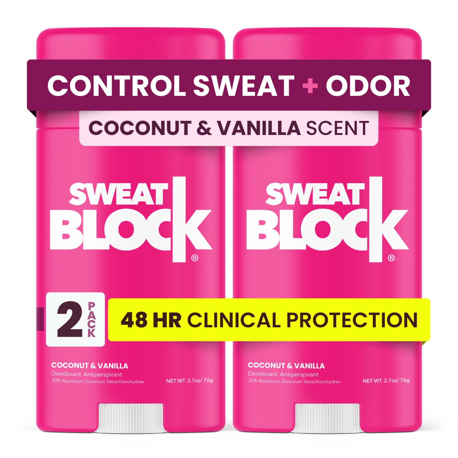 SweatBlock desodorante para mujer en botella con fragancia coco-vainilla para uso diario.
