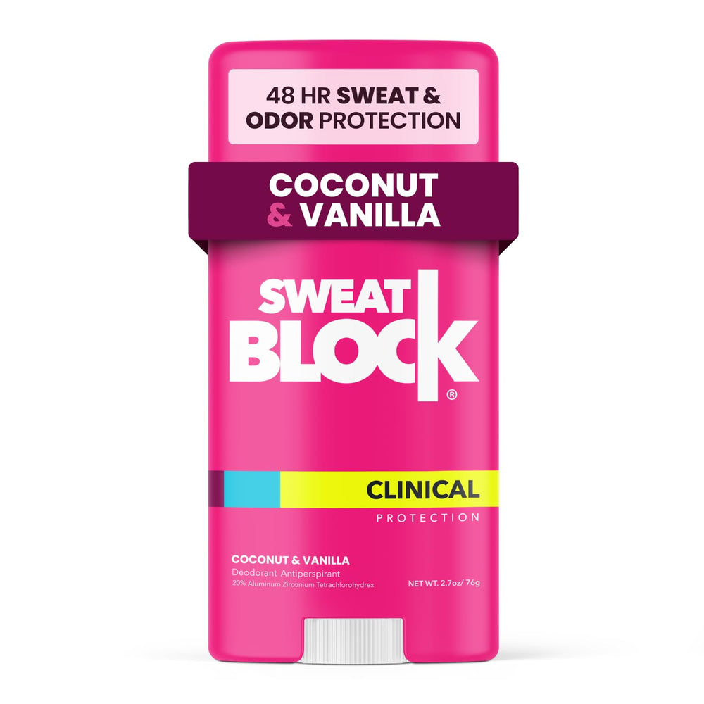 SweatBlock desodorante para mujer, botella, aroma coco-vainilla y protección duradera.