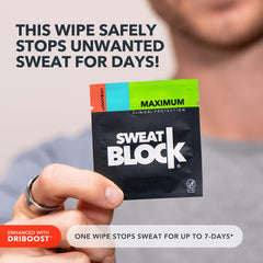 Boîte SweatBlock avec lingette individuelle prête à être emportée.