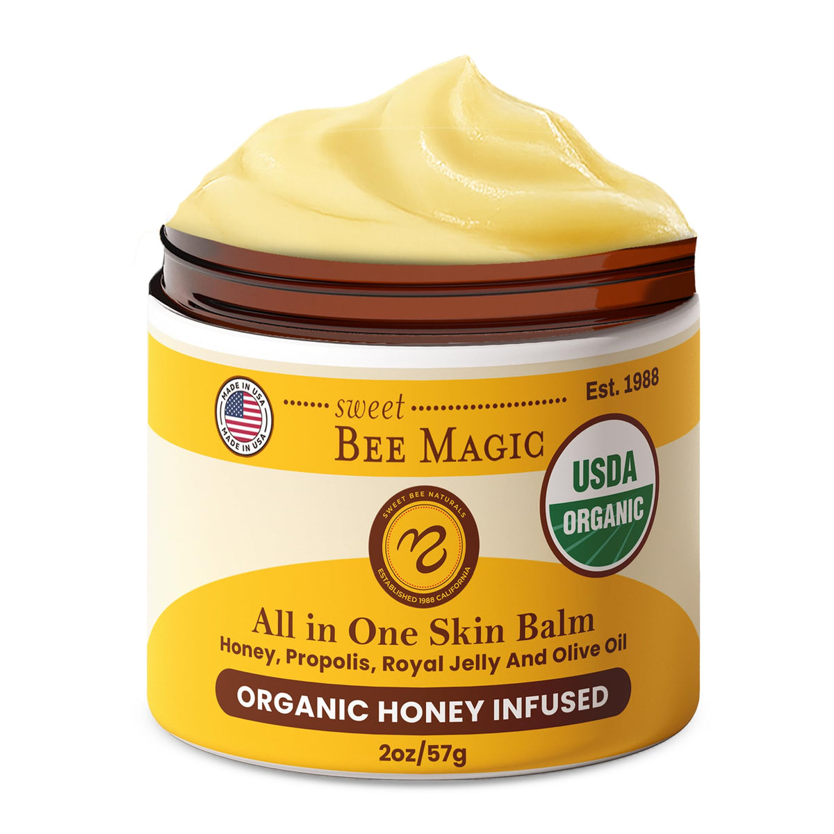 Sweet Bee Naturals bálsamo orgánico todo-en-uno para humectar y calmar la piel.