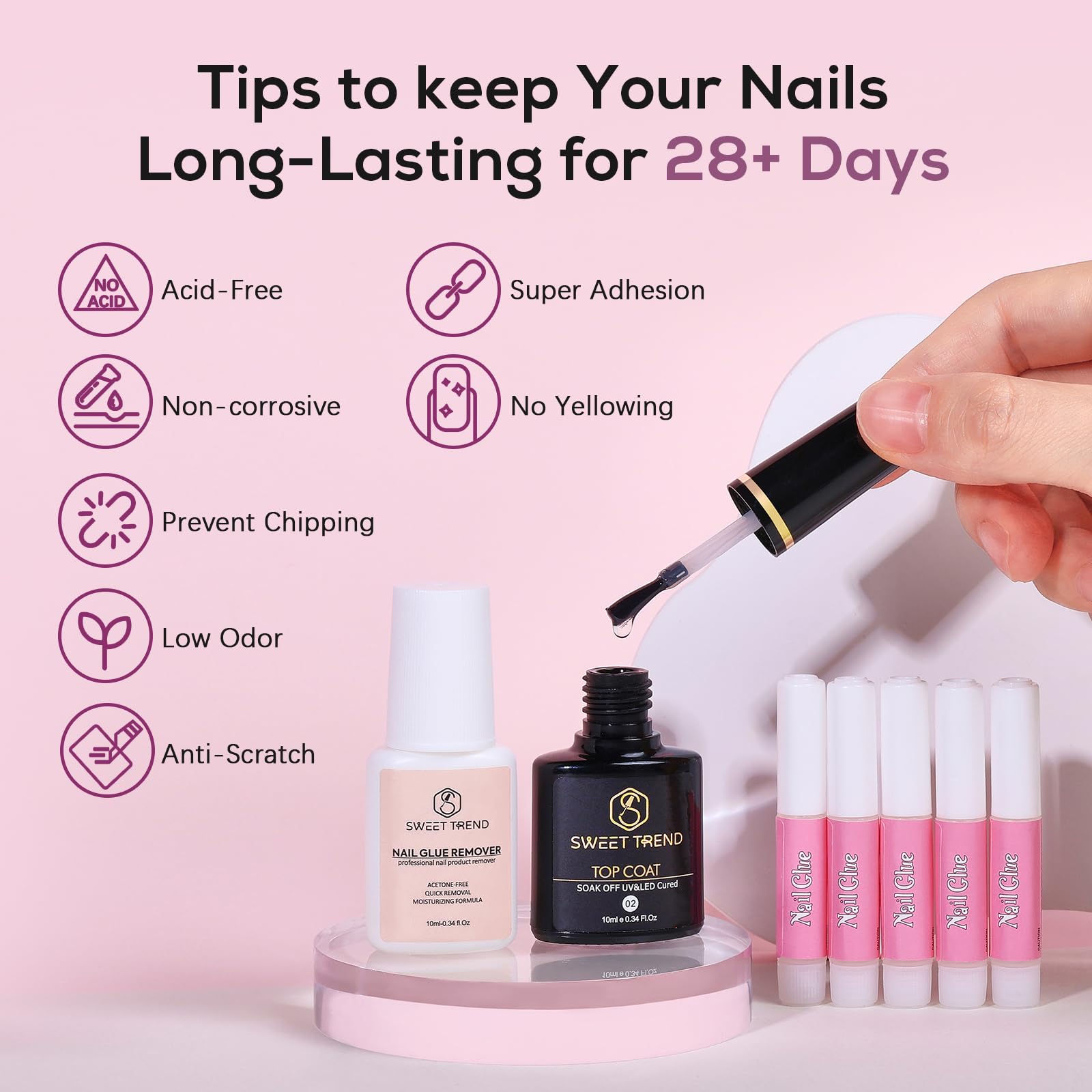 Pegamento para uñas Sweet Trend para fijación duradera.
