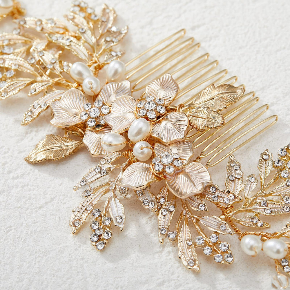SWEETV peina para novia con cristales oro: brillo sutil que complementa el vestido.