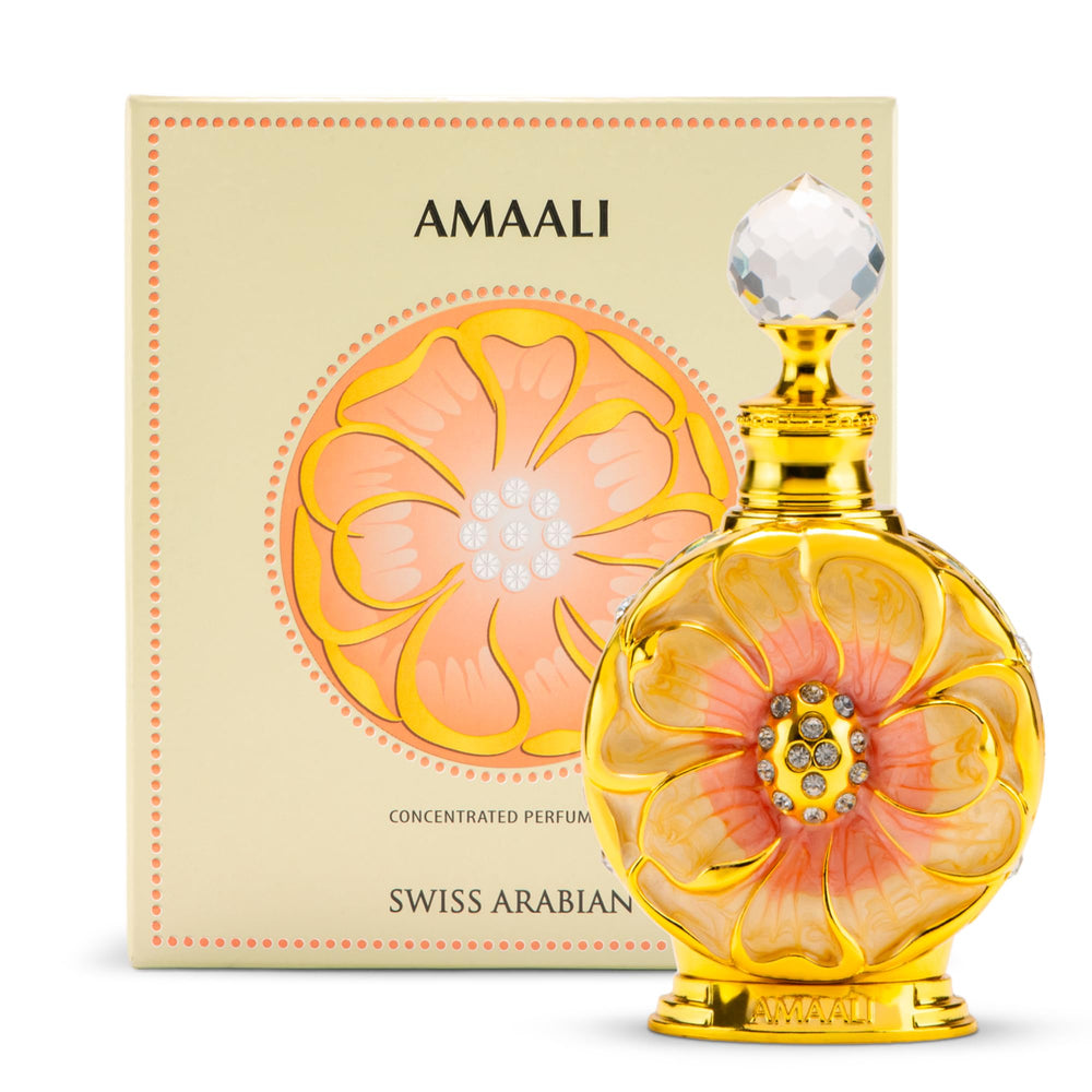 Amaali de Swiss Arabian, botella de perfume, aroma duradero para la noche.