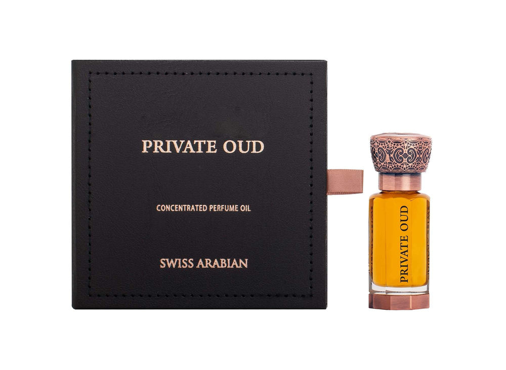 Swiss Arabian Private Oud, envase dorado que invita a descubrir su aroma.