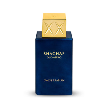 Frasco dorado de Swiss Arabian Shaghaf Oud Azraq, lujo para ocasiones especiales.