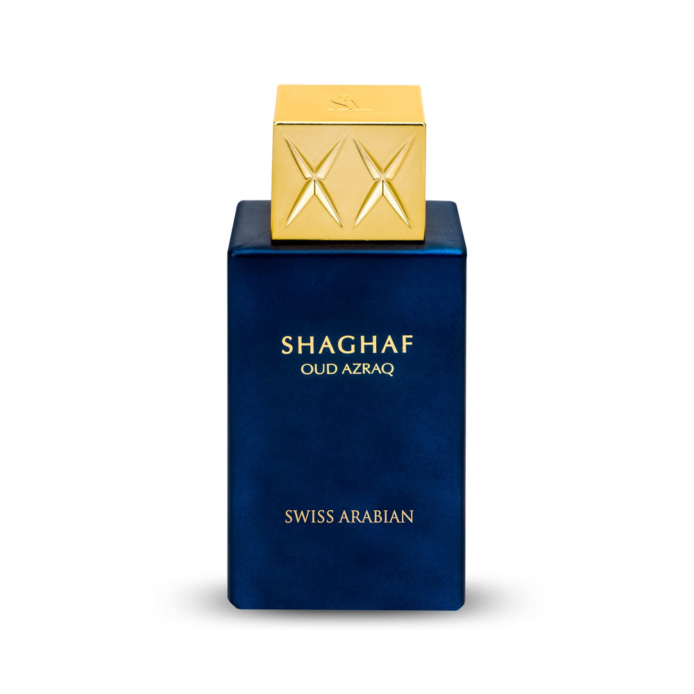 Frasco dorado de Swiss Arabian Shaghaf Oud Azraq, lujo para ocasiones especiales.