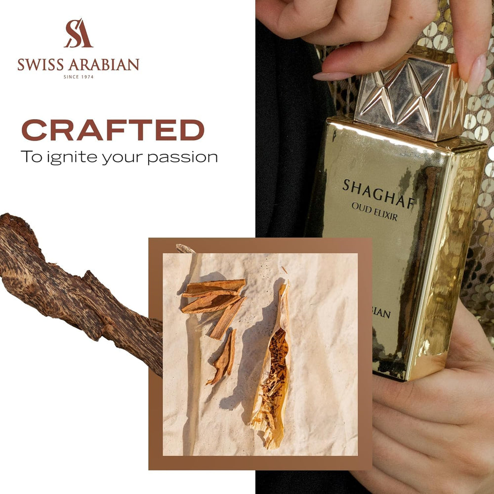 Shaghaf Oud Elixir: base con vainilla, ambar y almizcle para calidez y profundidad.