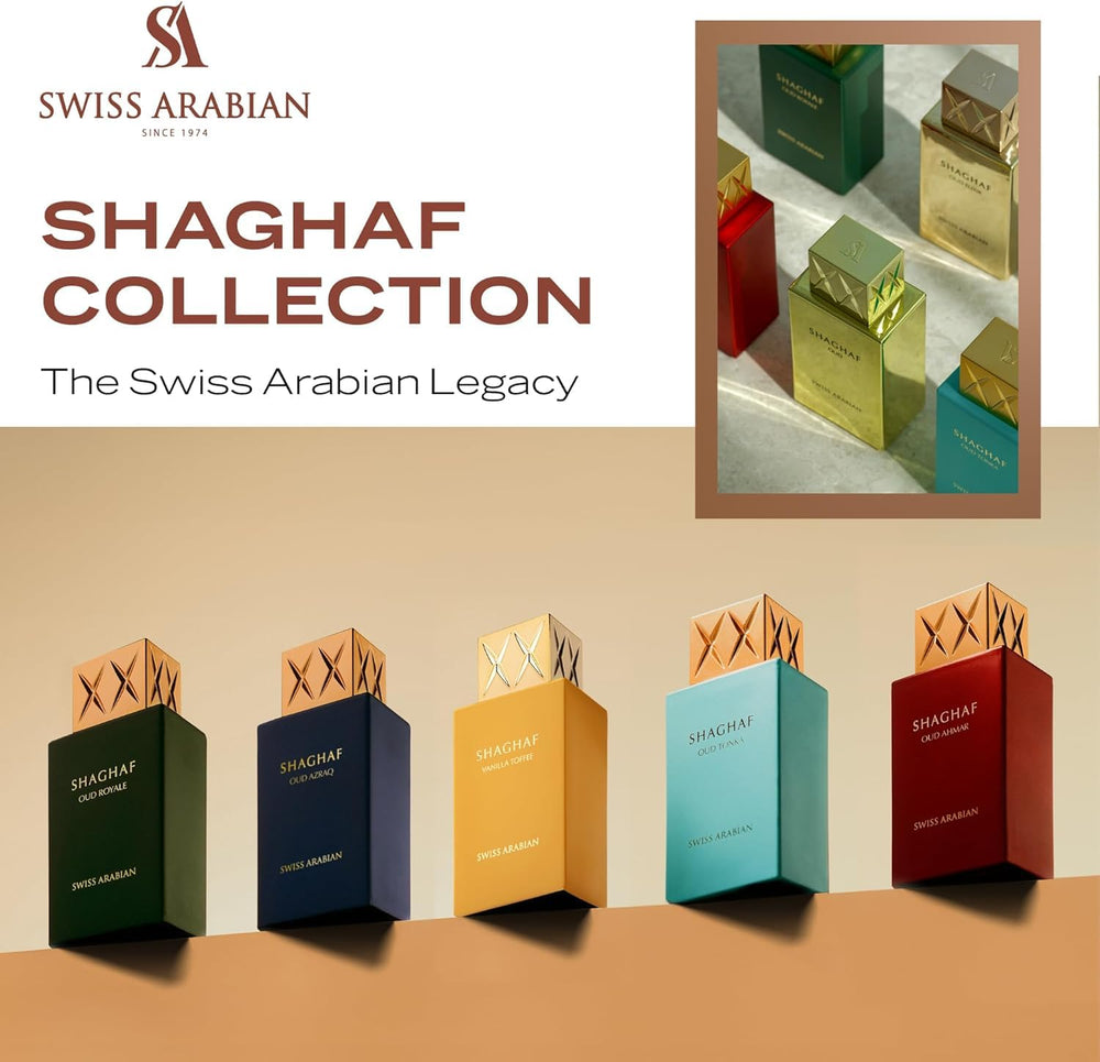 Shaghaf Oud Elixir: caja dorada de lujo que realza la experiencia del perfume.