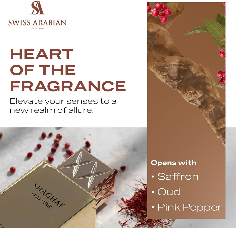 Shaghaf Oud Elixir: corazón floral con rosa, oud y pralina para aroma equilibrado.