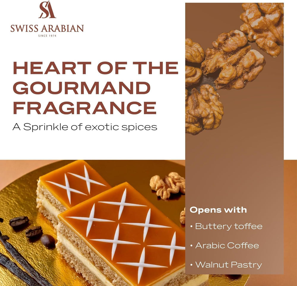 Swiss Arabian Shaghaf Vanilla Toffee, esencia en frasco, mezcla café y vainilla para experiencia sensorial.