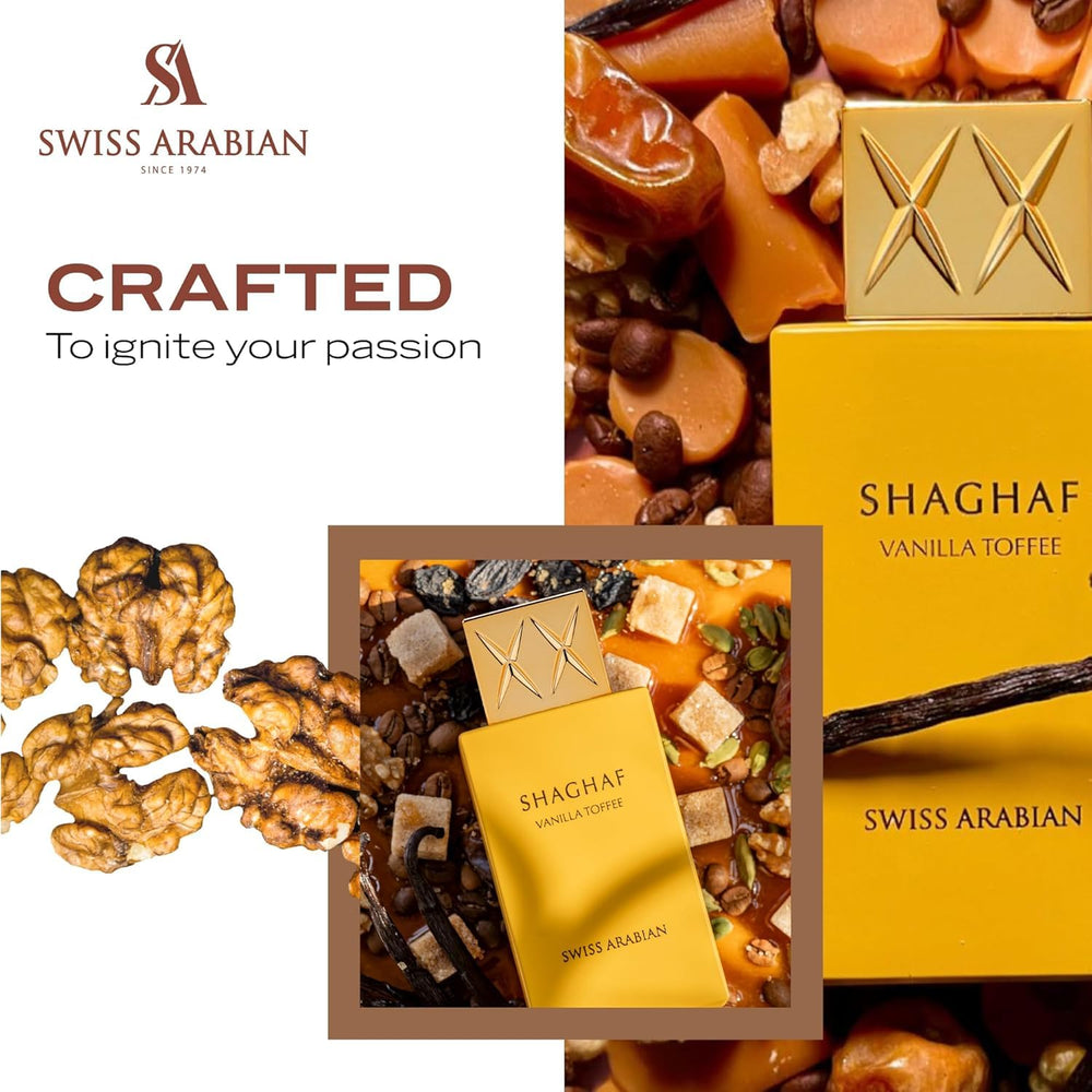 Swiss Arabian Shaghaf Vanilla Toffee, notas base amaderadas para una estela elegante.