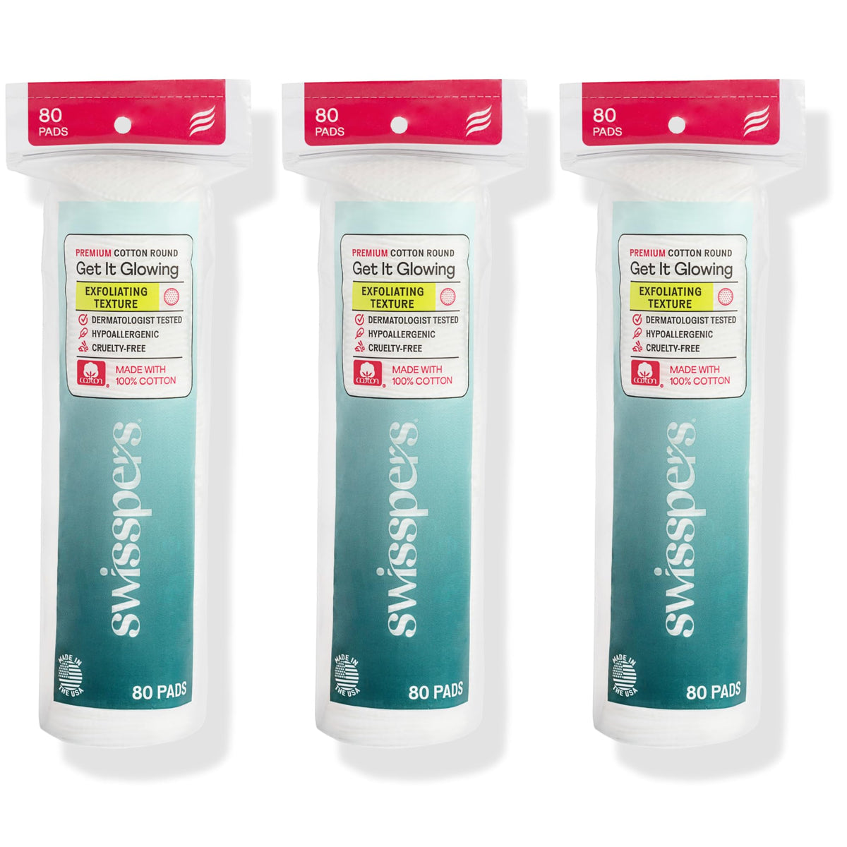 Discos de algodón Swisspers premium, doble cara, exfoliación suave para una limpieza más suave.