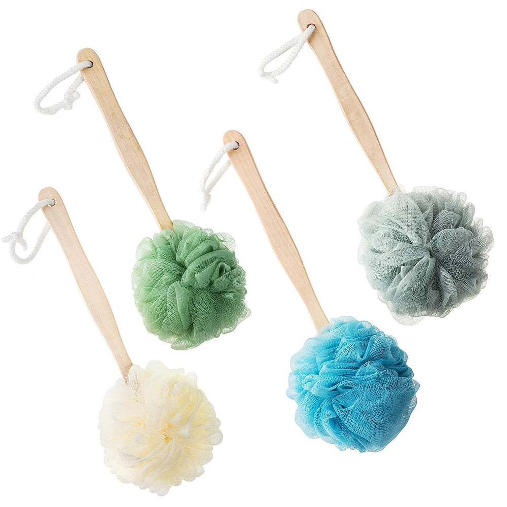 SWSTINLING 4pack esponjas baño con mango largo en colores vivos para limpieza de espalda.