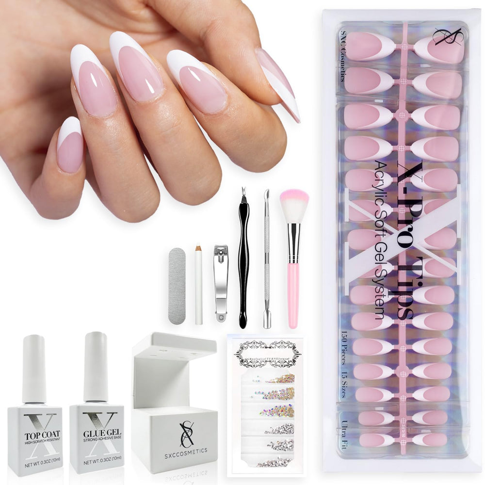 SXC uñas frances rosadas de media almendra, acabado elegante para uso diario.