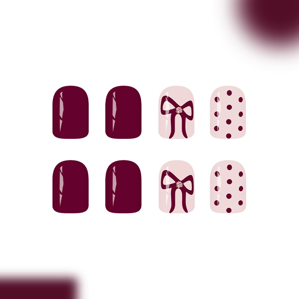 SYPAFG uñas burgundy con lazo y puntos, diseño clásico para cualquier ocasión.