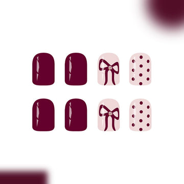 SYPAFG uñas burgundy con lazo y puntos, diseño clásico para cualquier ocasión.