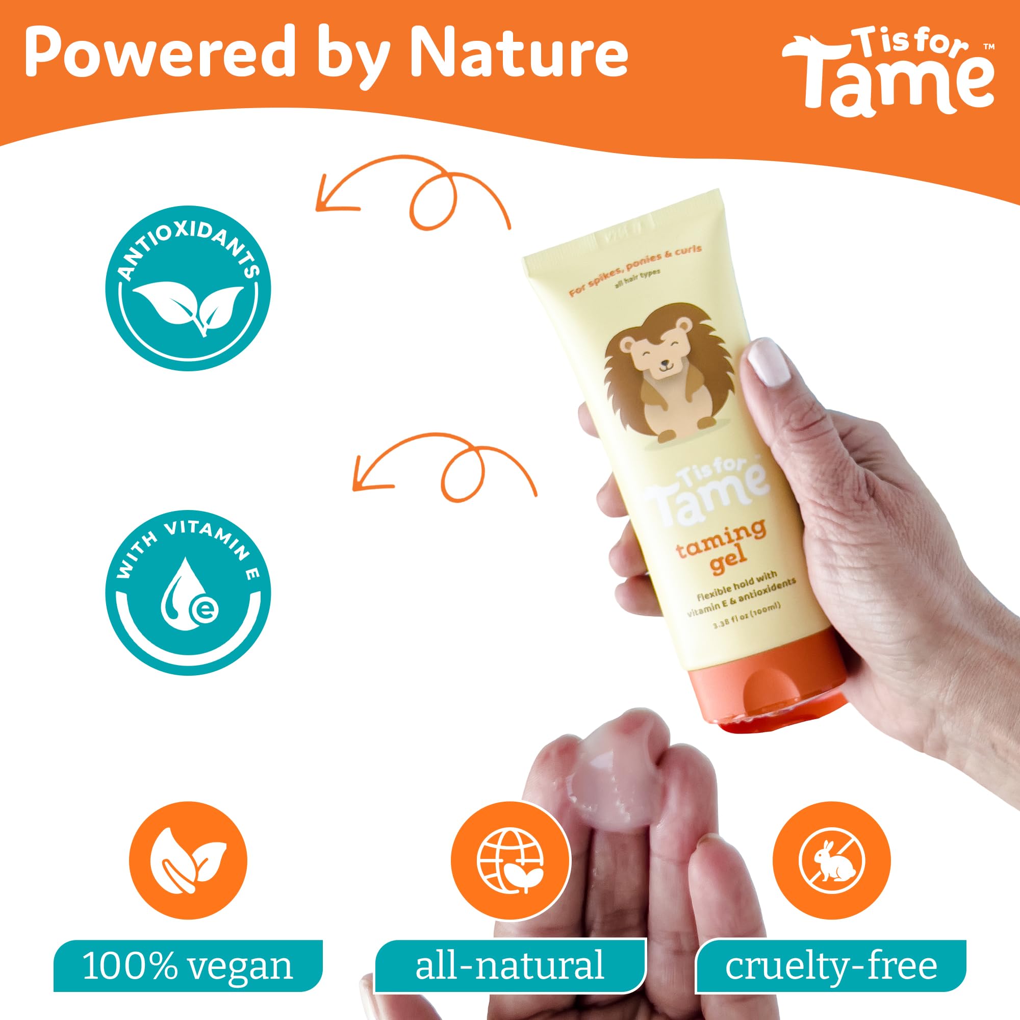 T is for Tame gel, aplicación en pelo mojado o seco para peinados rápidos.