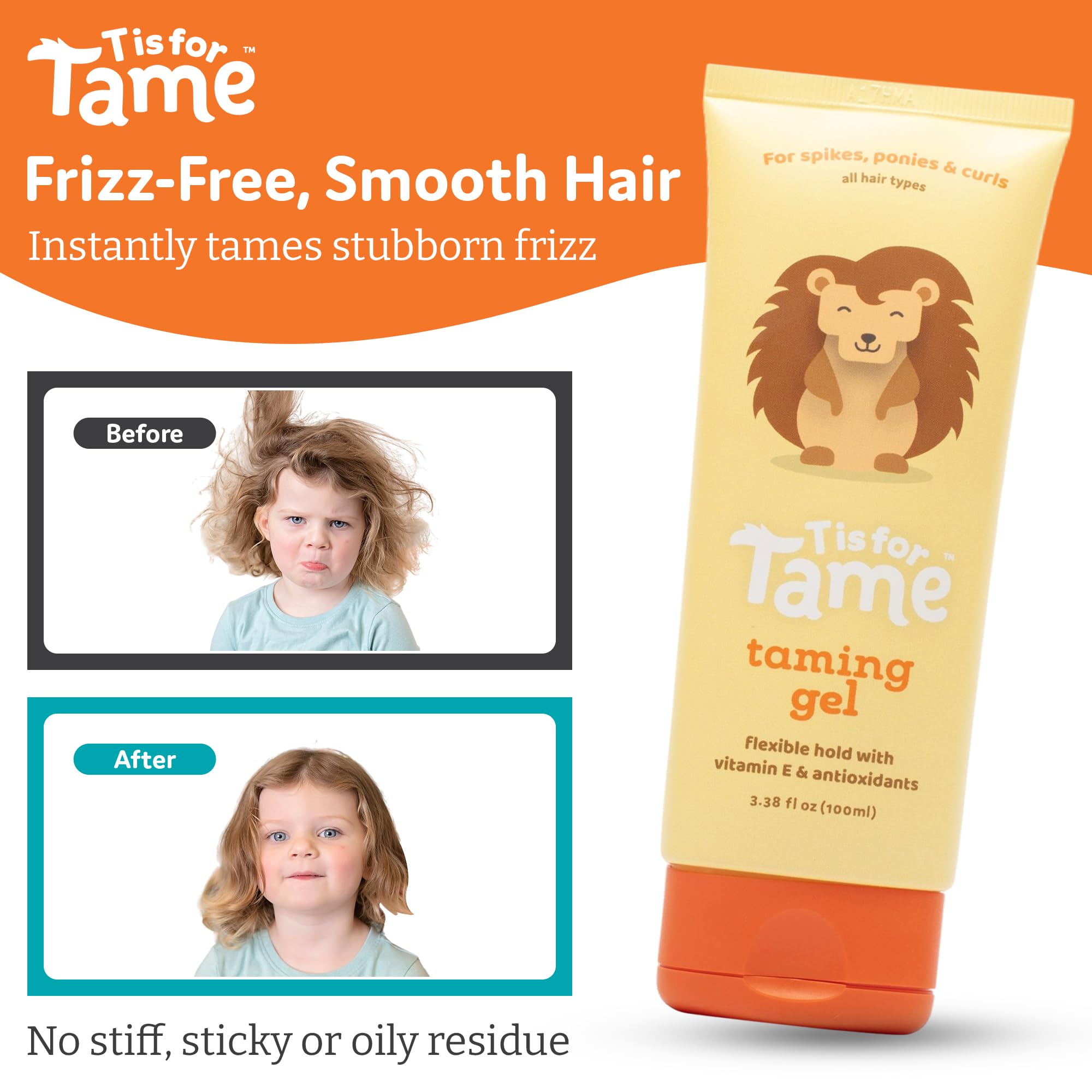 T is for Tame gel, peinados para niños, facilita coletas y trenzas con frizz control.