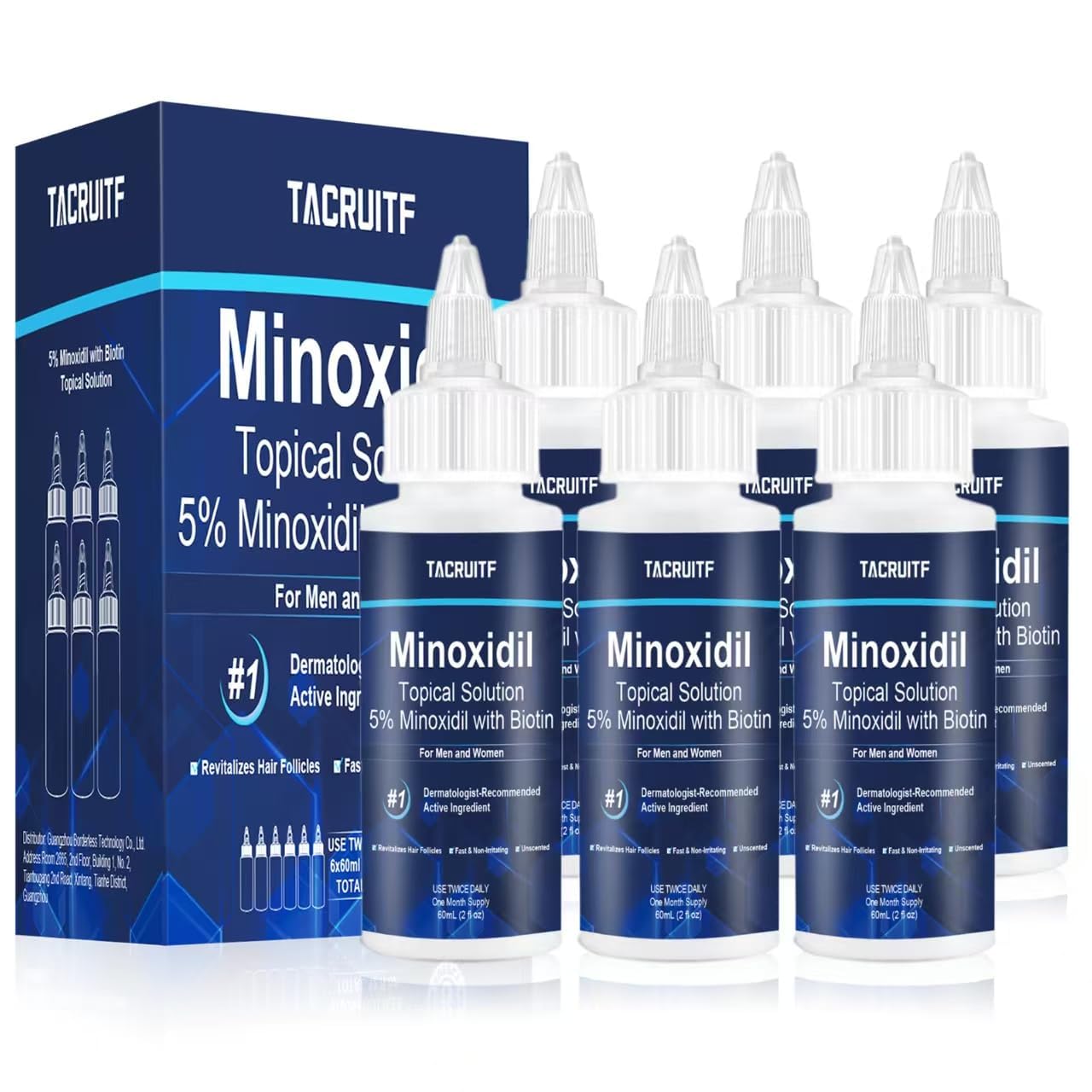 Tacruitf Minoxidil con Biotina, botella visible para uso diario y fortalecimiento capilar.