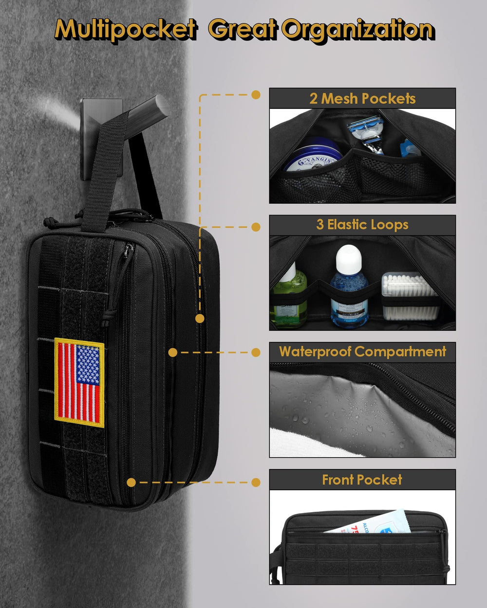 TACTICISM bolsa de aseo para hombre, interiores con mallas, botellas bien posicionadas.