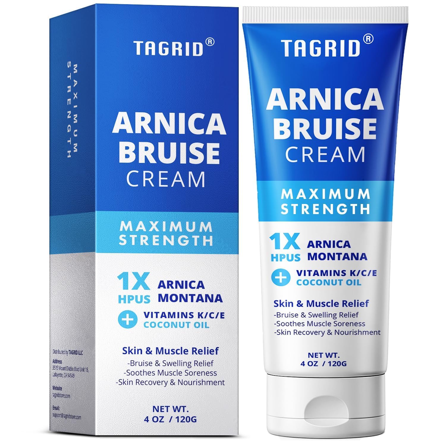 TAGRID Arnica Crema en tubo de 4 oz para alivio rápido de moretones.