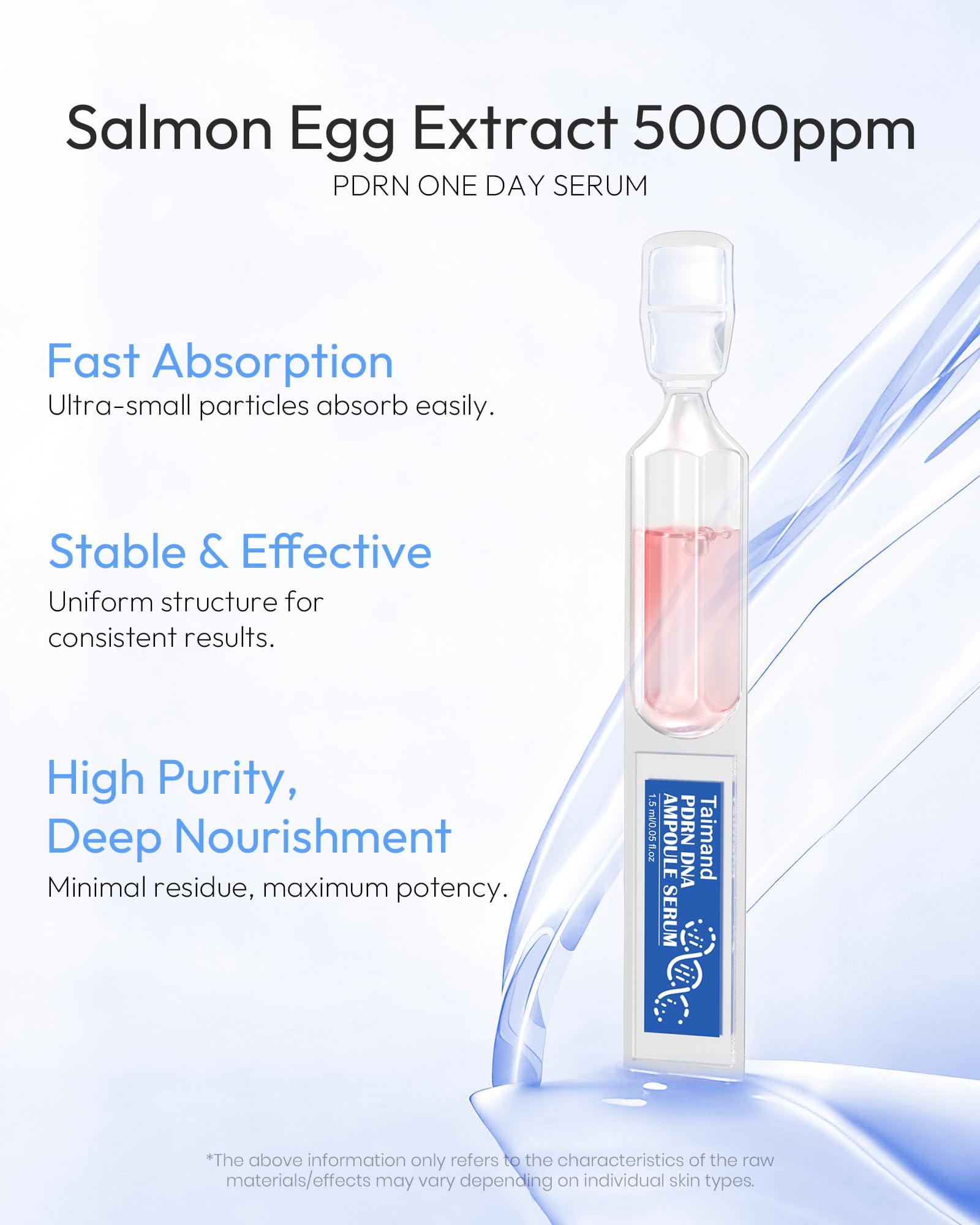 Taimand Salmon DNA PDRN Serum, ampolla individual, conveniente para uso diario.