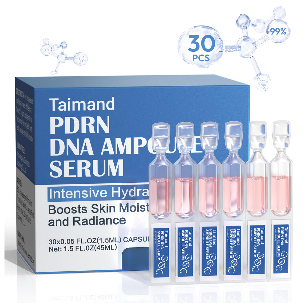 Taimand Salmon DNA PDRN Serum, botella visible para absorción rápida y piel revitalizada.