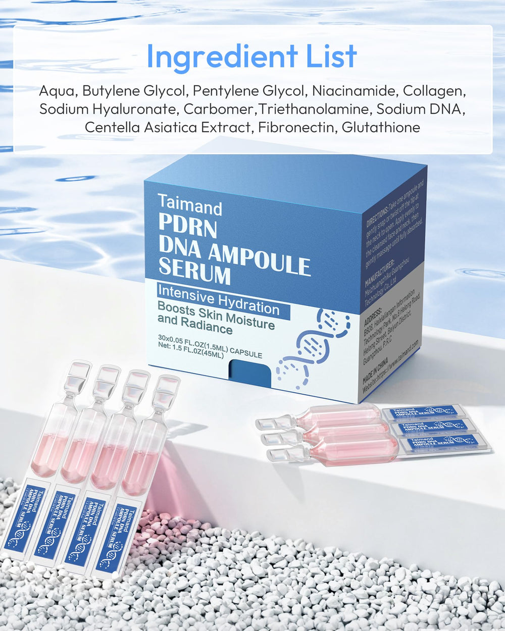 Taimand Salmon DNA PDRN Serum, uso en bolsa de gimnasio para cuidado rápido.