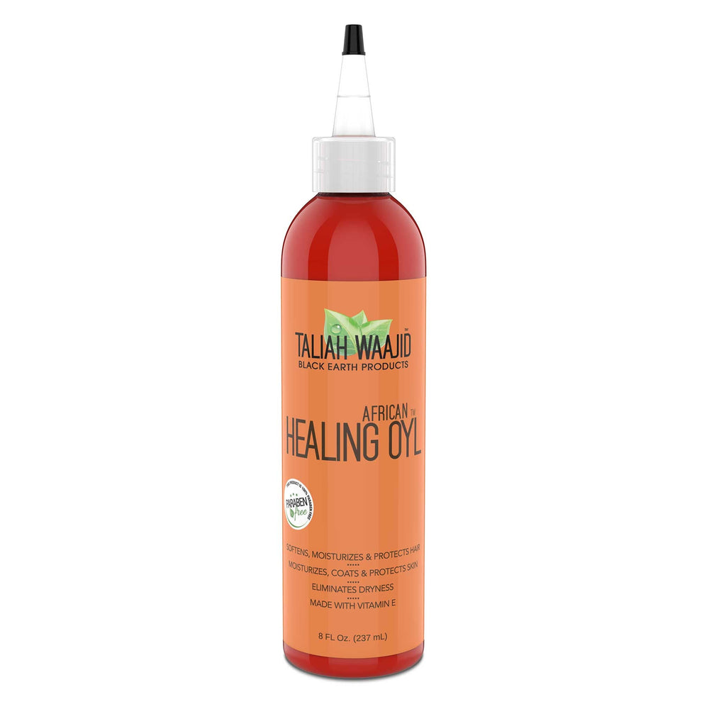 Aceite African Healing Oyl de Taliah Waajid en bote para cabello y piel, hidratación suave.