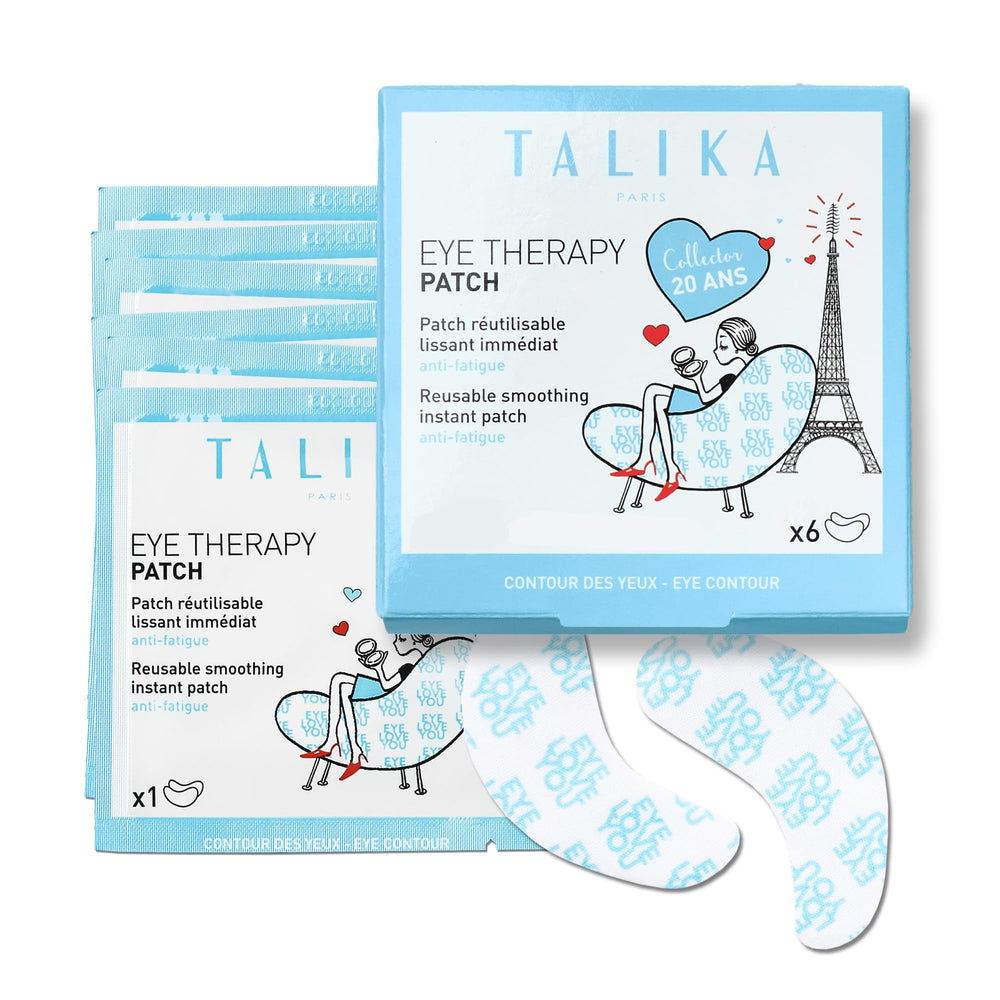 Talika Eye Therapy Patch muestra la aplicación rápida para ojos cansados en casa.