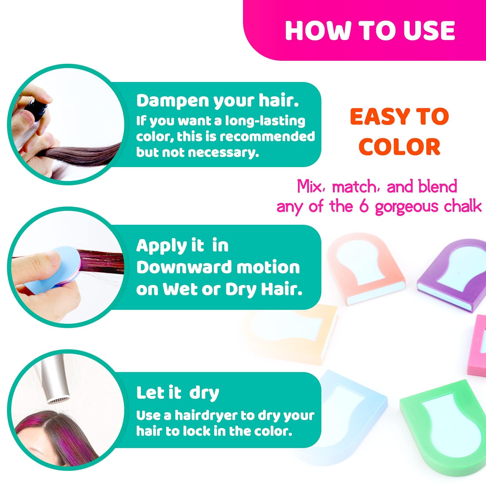 Tallsocne tiza para cabello, aplicación fácil sobre mechones húmedos