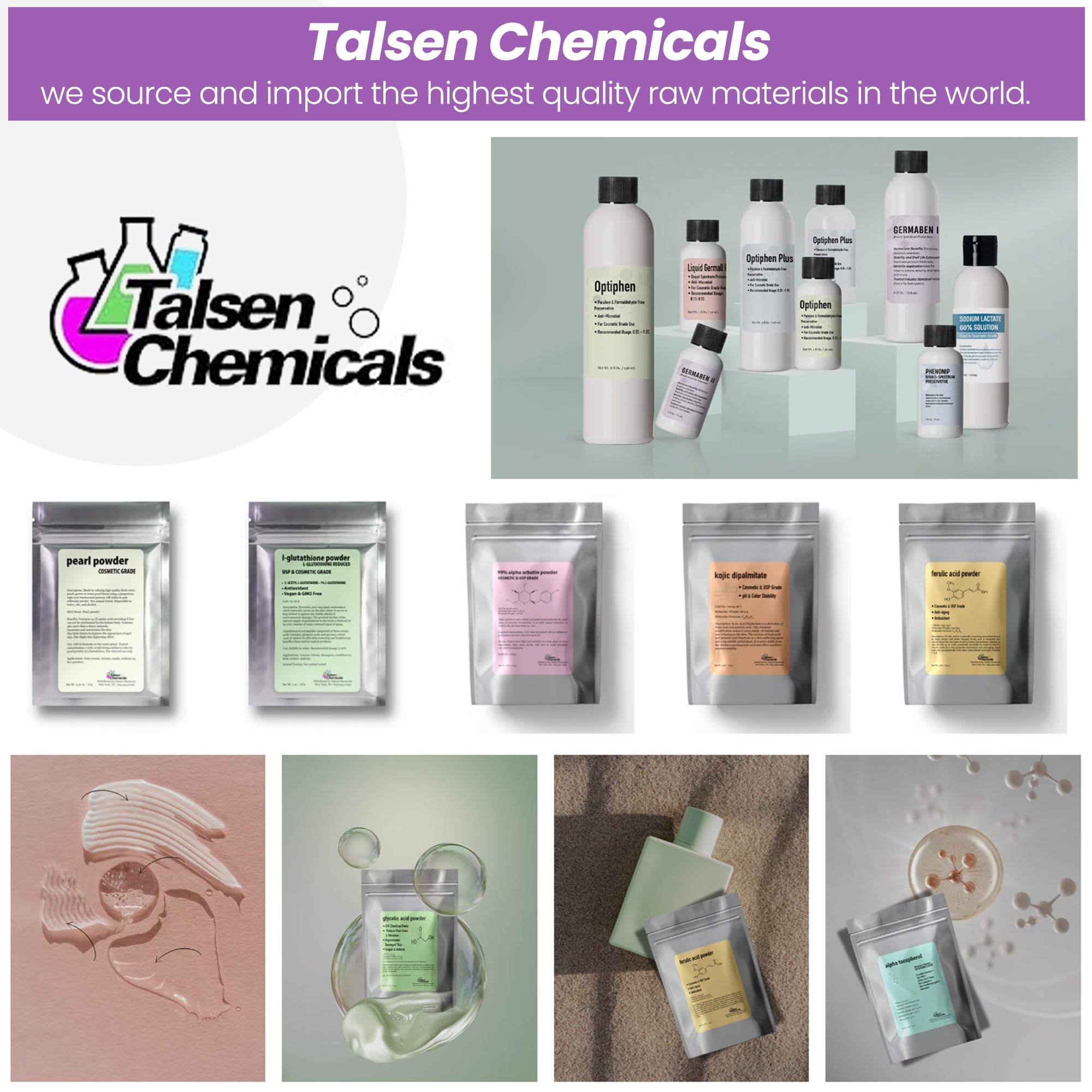 Allantoína en polvo de Talsen Chemicals, versátil para emulsiones y lociones.