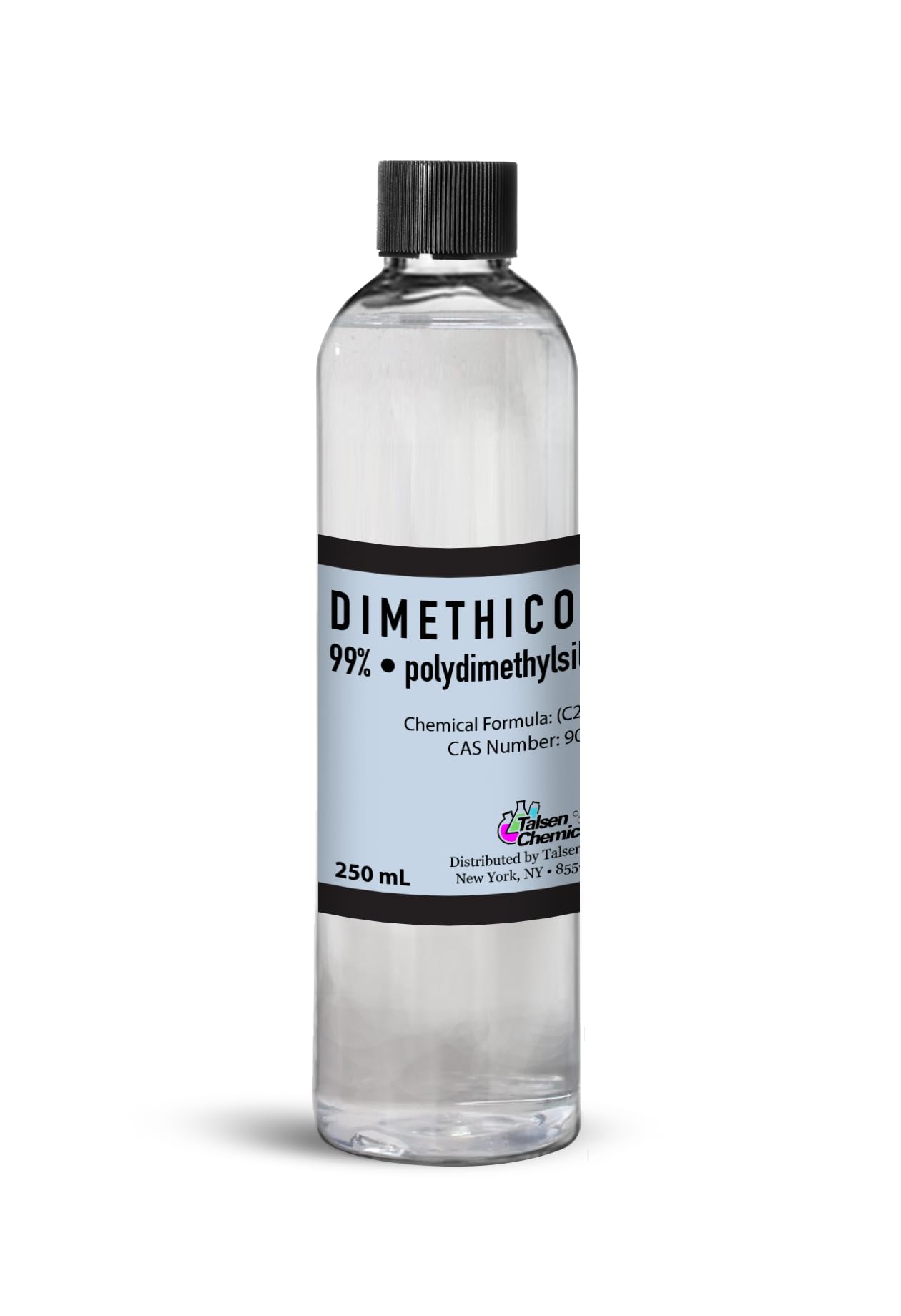 Talsen Chemicals Dimethicone Oil bottle pour shows a clear, silky silicone oil for smooth application.