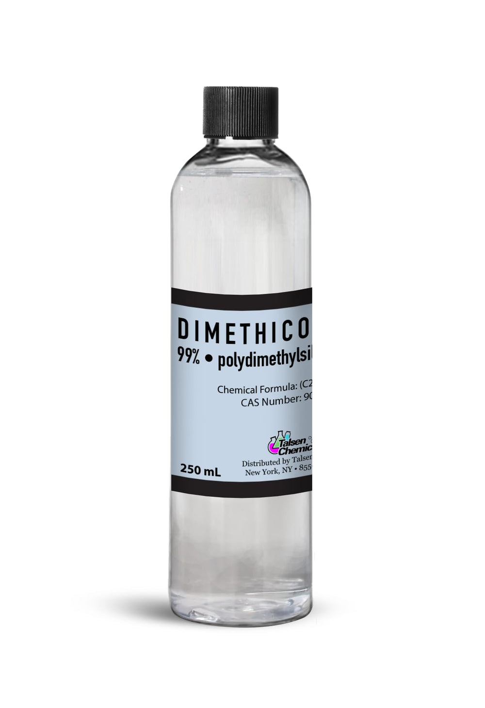 Talsen Chemicals Dimethicone Oil bottle pour shows a clear, silky silicone oil for smooth application.