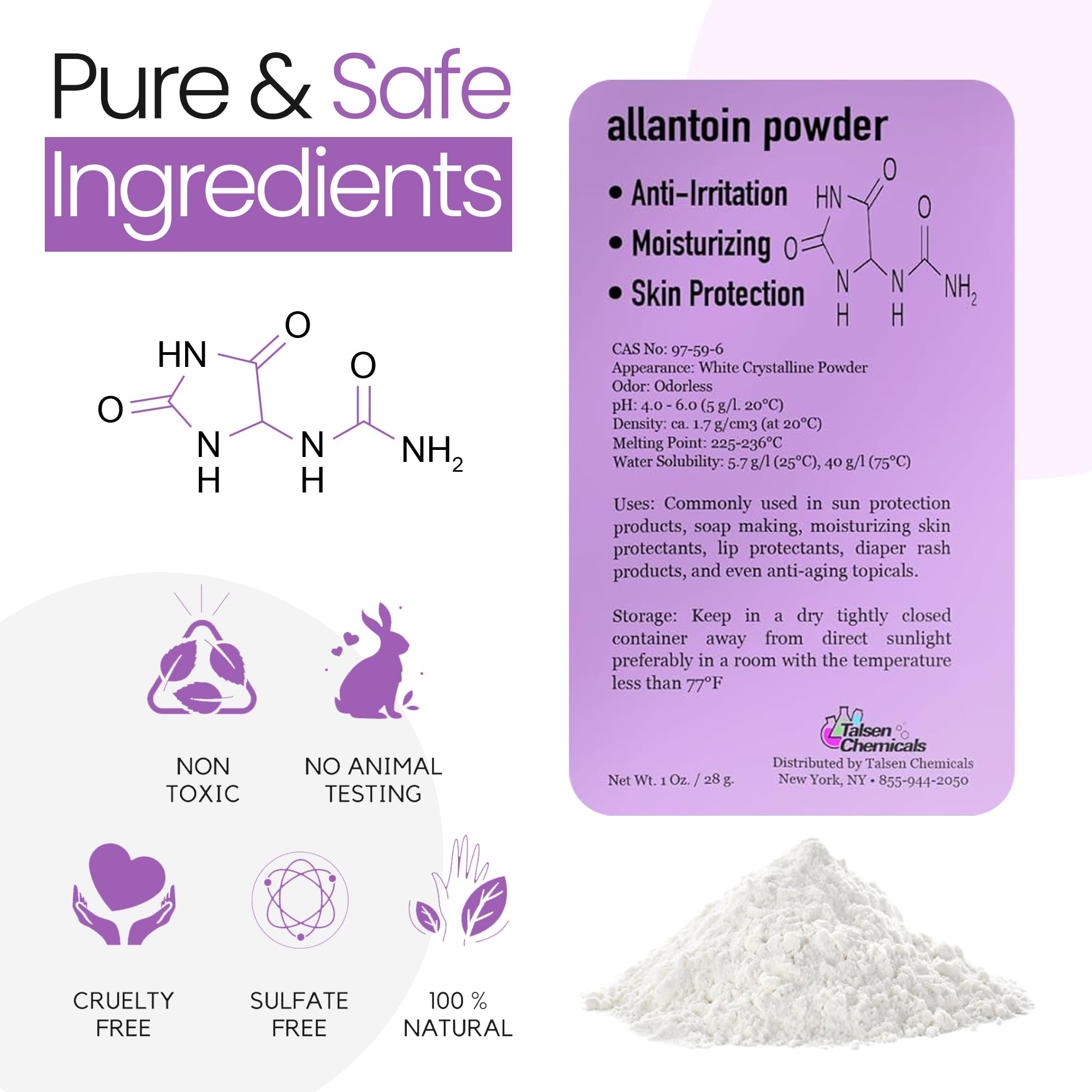 Polvo de allantoina de Talsen Chemicals mantiene la humedad de la piel.