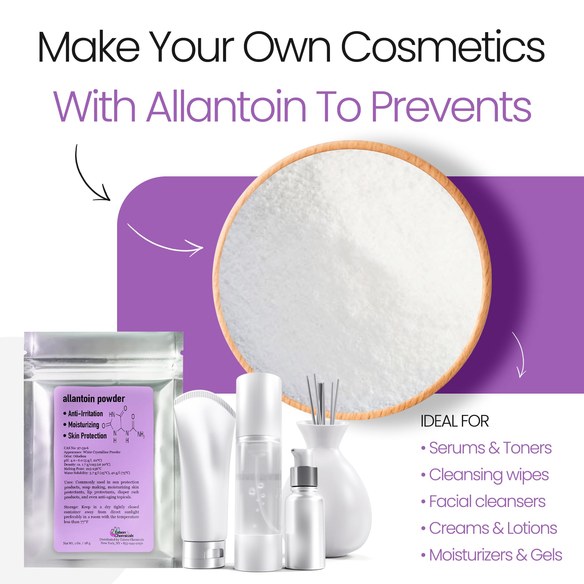 Polvo cosmético de allantoína de Talsen Chemicals, ideal para rutinas caseras.