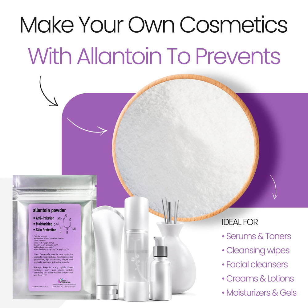 Polvo cosmético de allantoína de Talsen Chemicals, ideal para rutinas caseras.