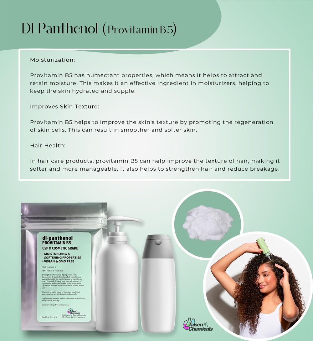 Polvo panthenol de Talsen Chemicals con etiqueta clara para uso seguro.
