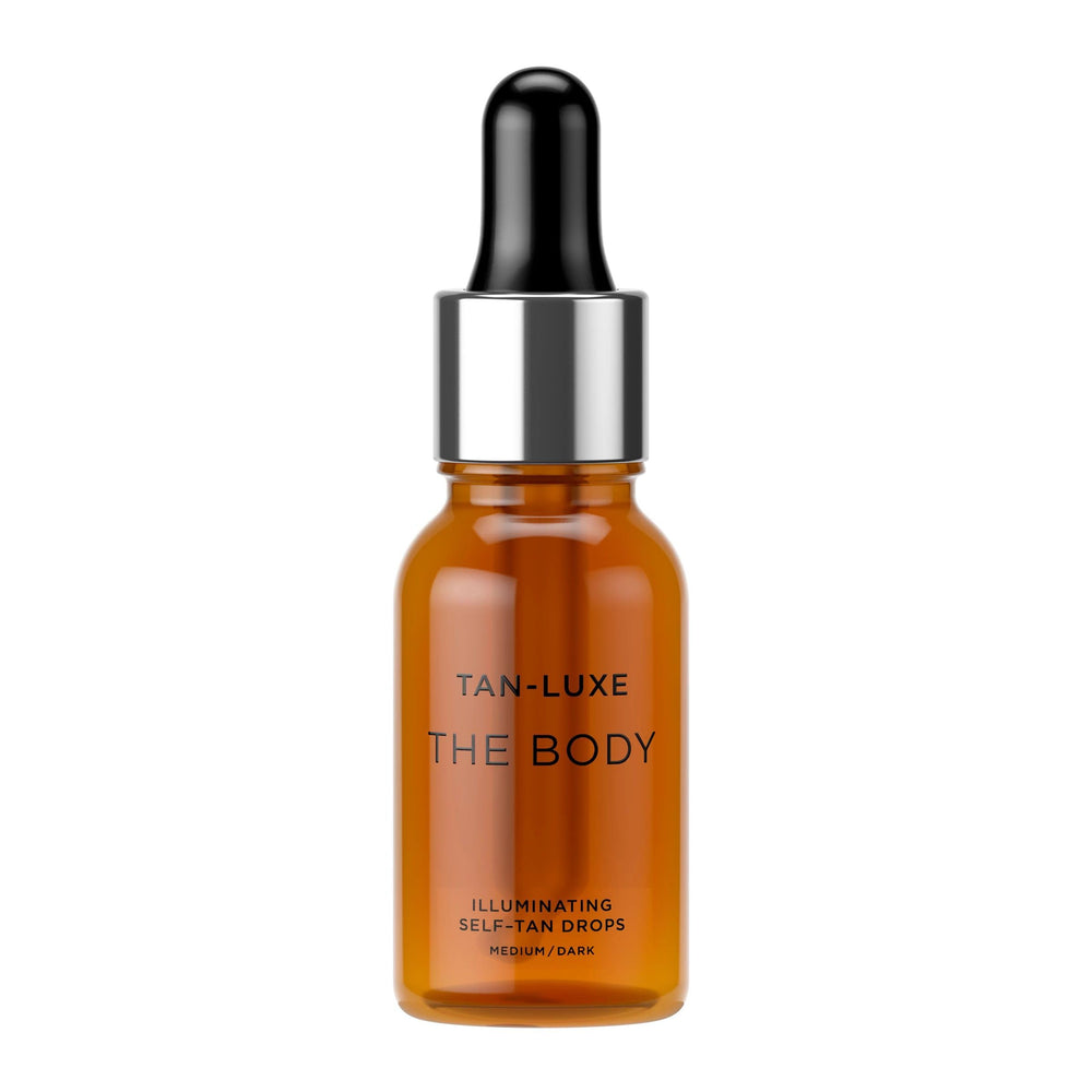 Tan-Luxe Gotas Iluminadoras para Cuerpo, frasco de 15 ml, brillo natural a tu medida.